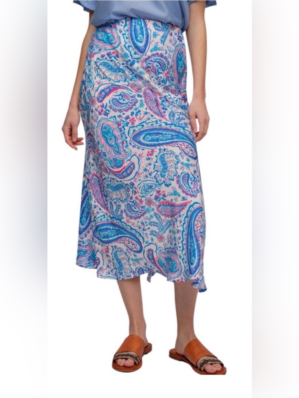 NWT Easel Blue & Pink Paisley Slip Silk Style Midi Skirt Ruffle Hem Pull-On